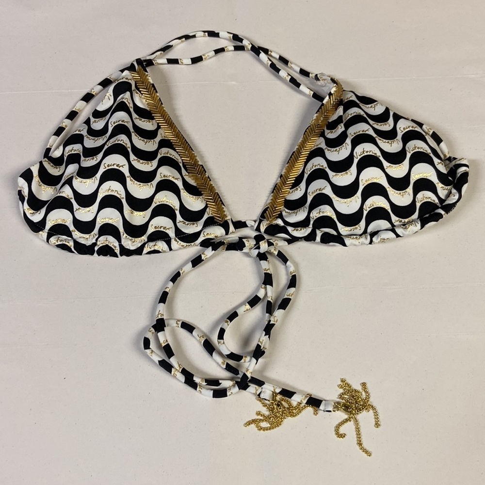 Victoria's Secret Very Sexy String Bikini Gold Logo Stripe Black & White Medium